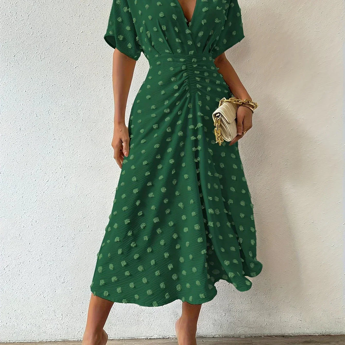 Swiss Dot Flutter Sleeve Pleated Back A-Line Midi Dress - View 6