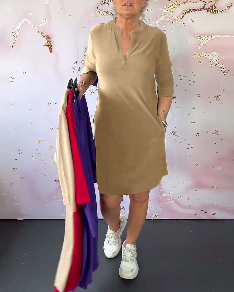Three Quarter Sleeve Notched V-Neck Shift Knee Length Dress - View 7