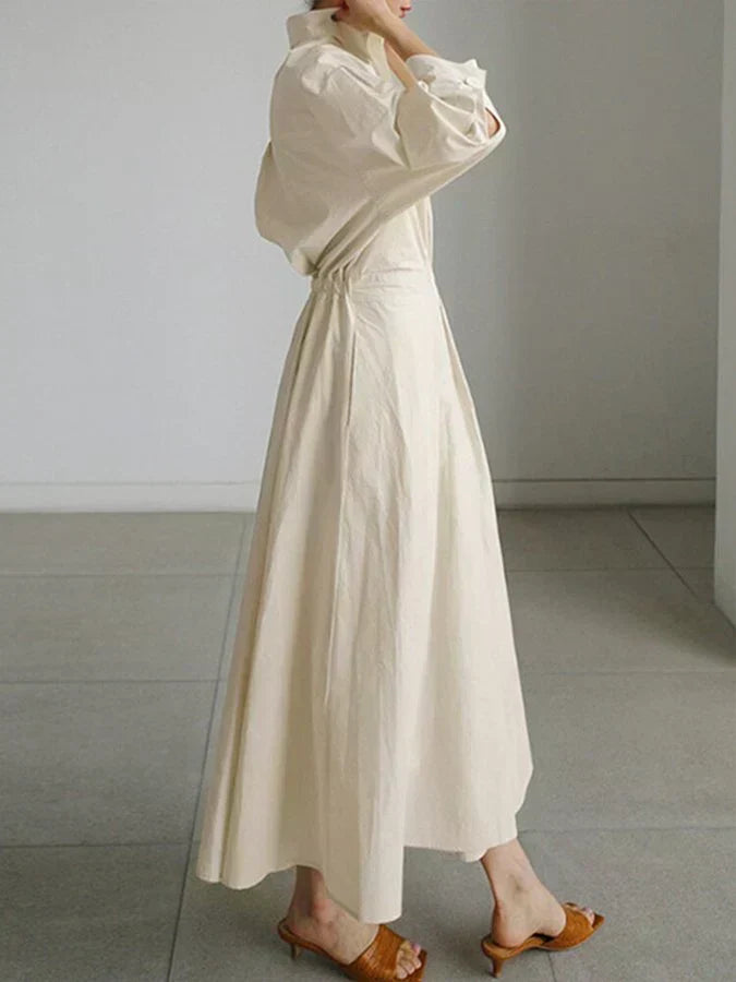 Lapel Collar Lantern Sleeve Pleated A-Line Pocket Midi Shirt Dress - View 4