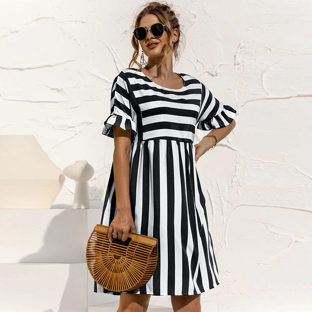 Striped Ruffle Short Sleeve High Waist Empire Mini Dress - View 6