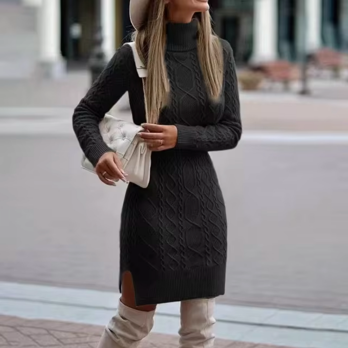 Cable Knit Turtleneck Long Sleeve Ribbed Hem Bodycon Mini Dress - View 5