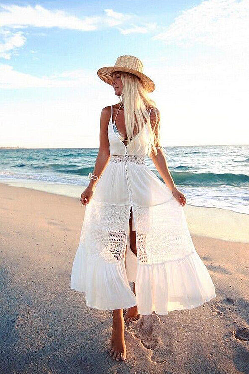 Spaghetti Strap V-Neck Button Front Lace Trim Tiered Ruffle Midi Dress - View 2