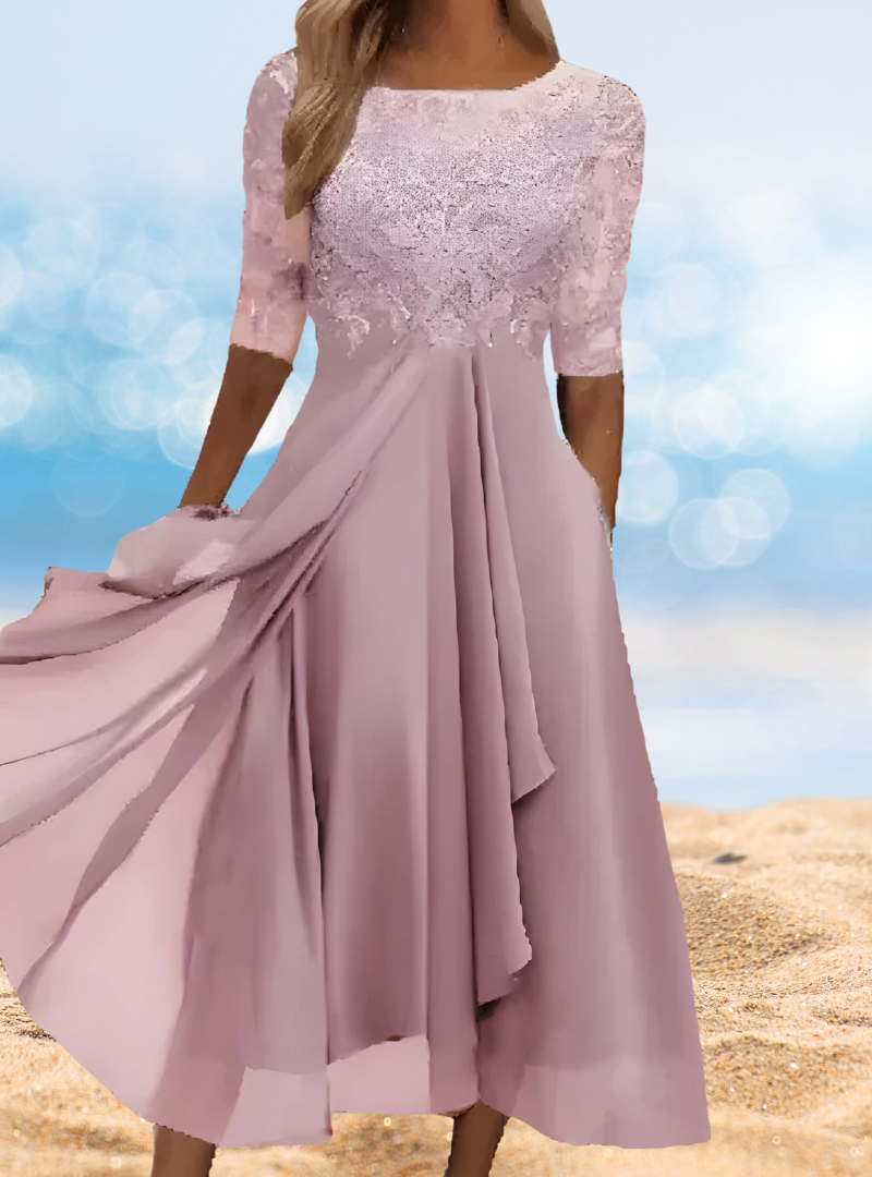 Floral Lace Illusion Scoop Neck Mesh Sleeve A-Line Midi Dress - View 5