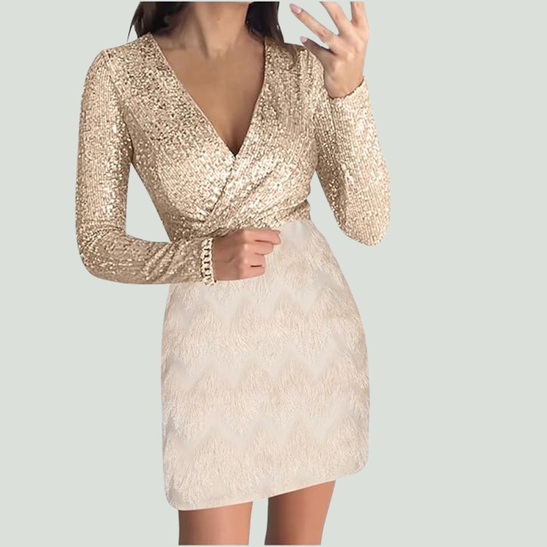 Sequin Wrap Deep V-Neck Long Sleeve Faux Cocktail Mini Dress - View 2