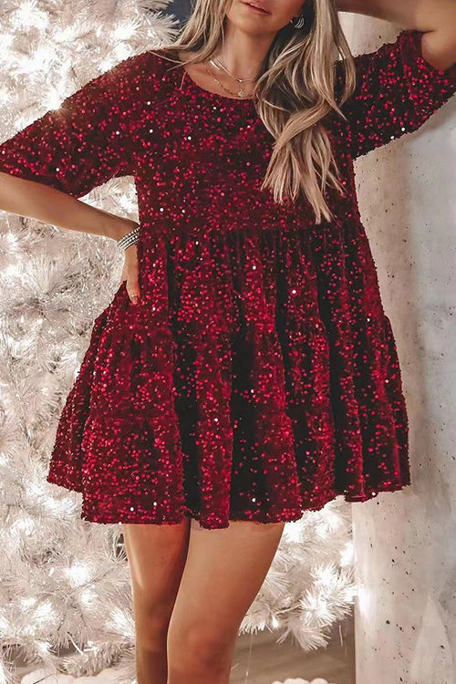 Sequin Long Sleeve Tiered Fit and Flare Mini Dress - View 3