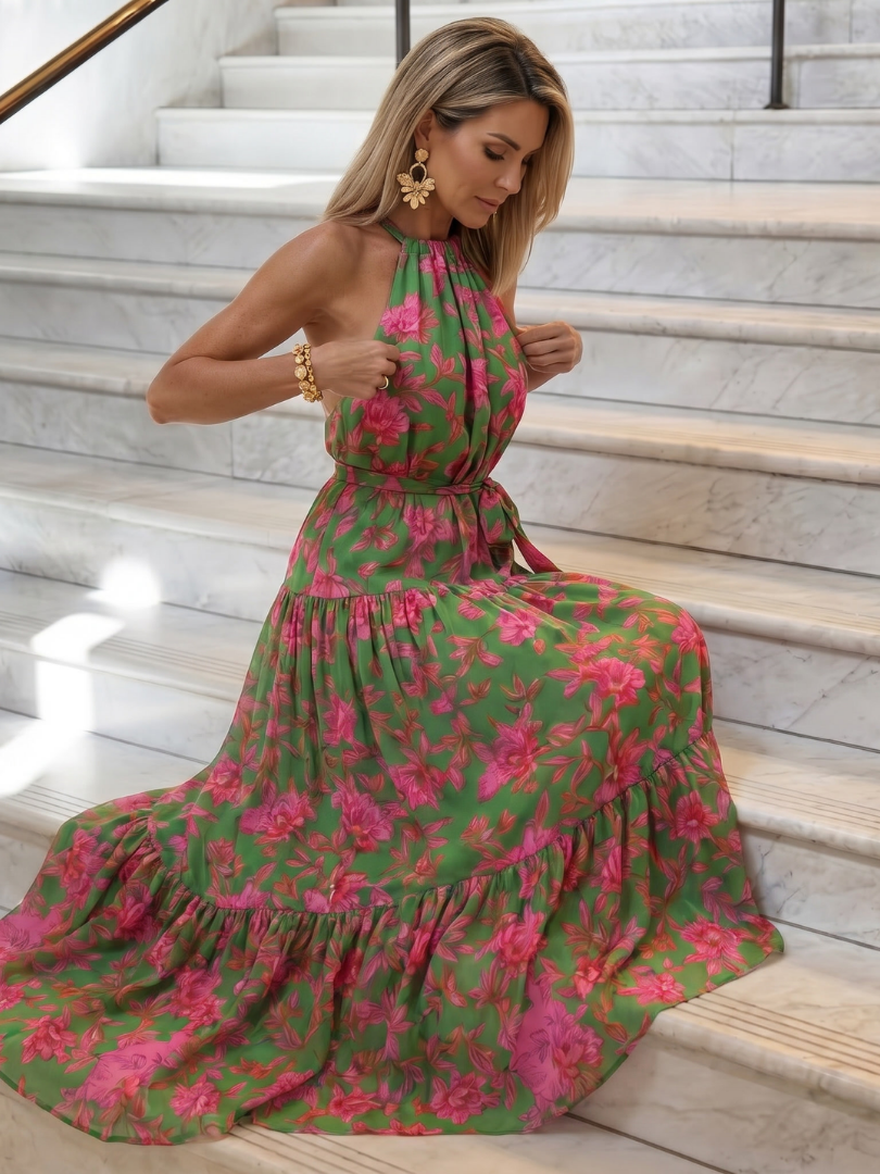 Floral Halter Neck Sleeveless Tiered Belted Maxi Dress 5