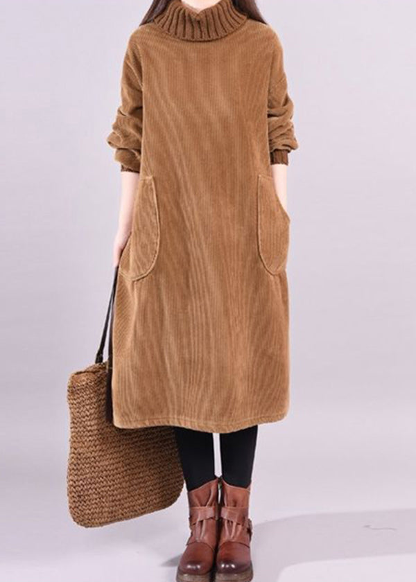 Corduroy Turtleneck Long Sleeve Patch Pocket Loose Shift Midi Dress - View 2