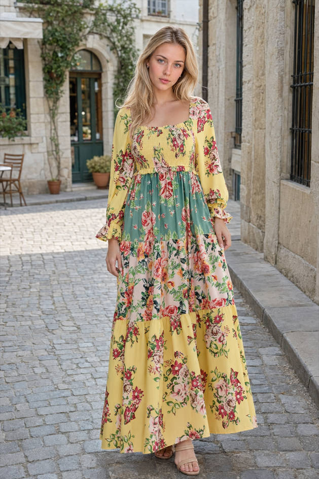 Floral Square Neck Long Sleeve Smocked Tiered Maxi Dress 5