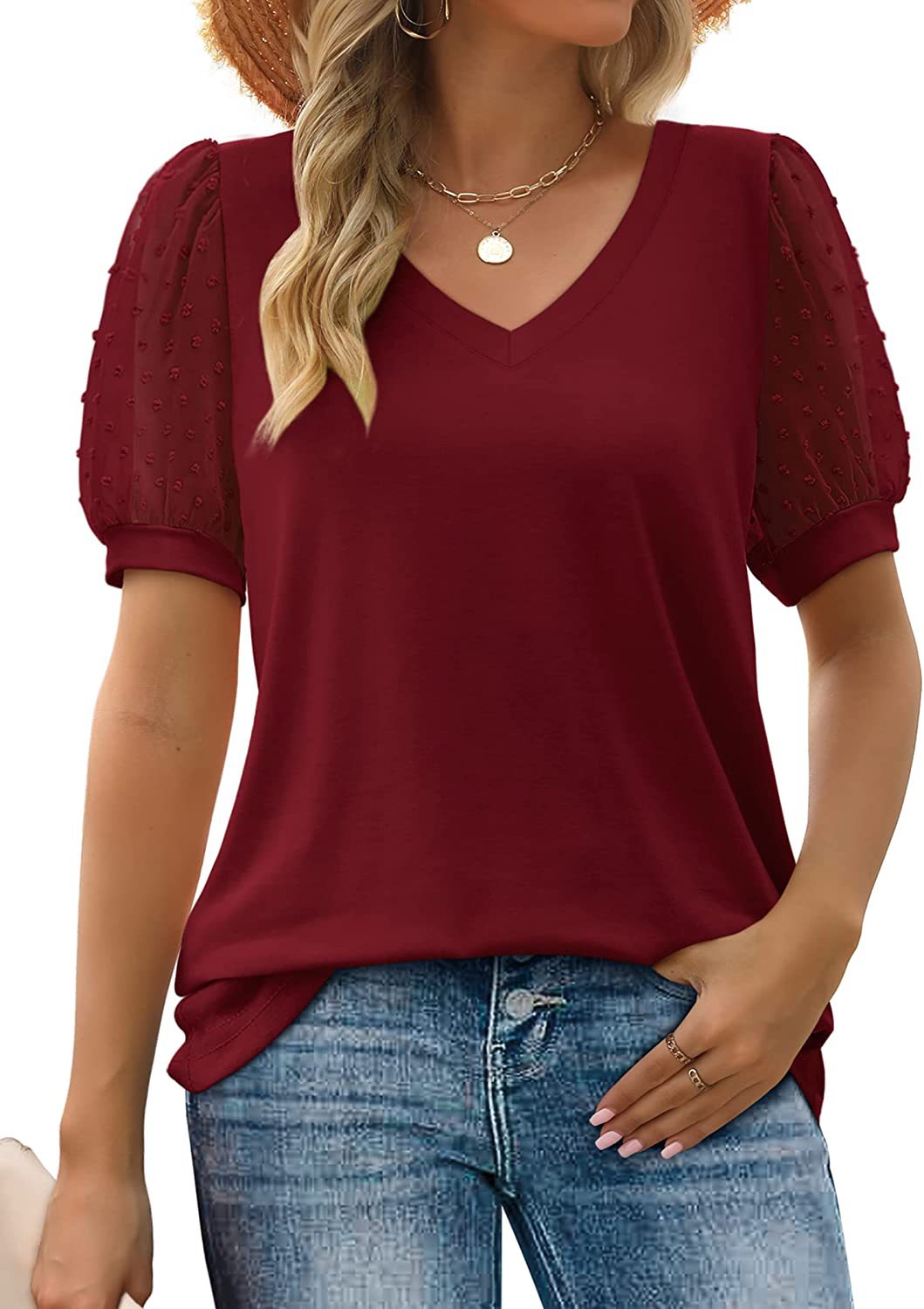 V-Neck Swiss Dot Puff Sleeve Top 9