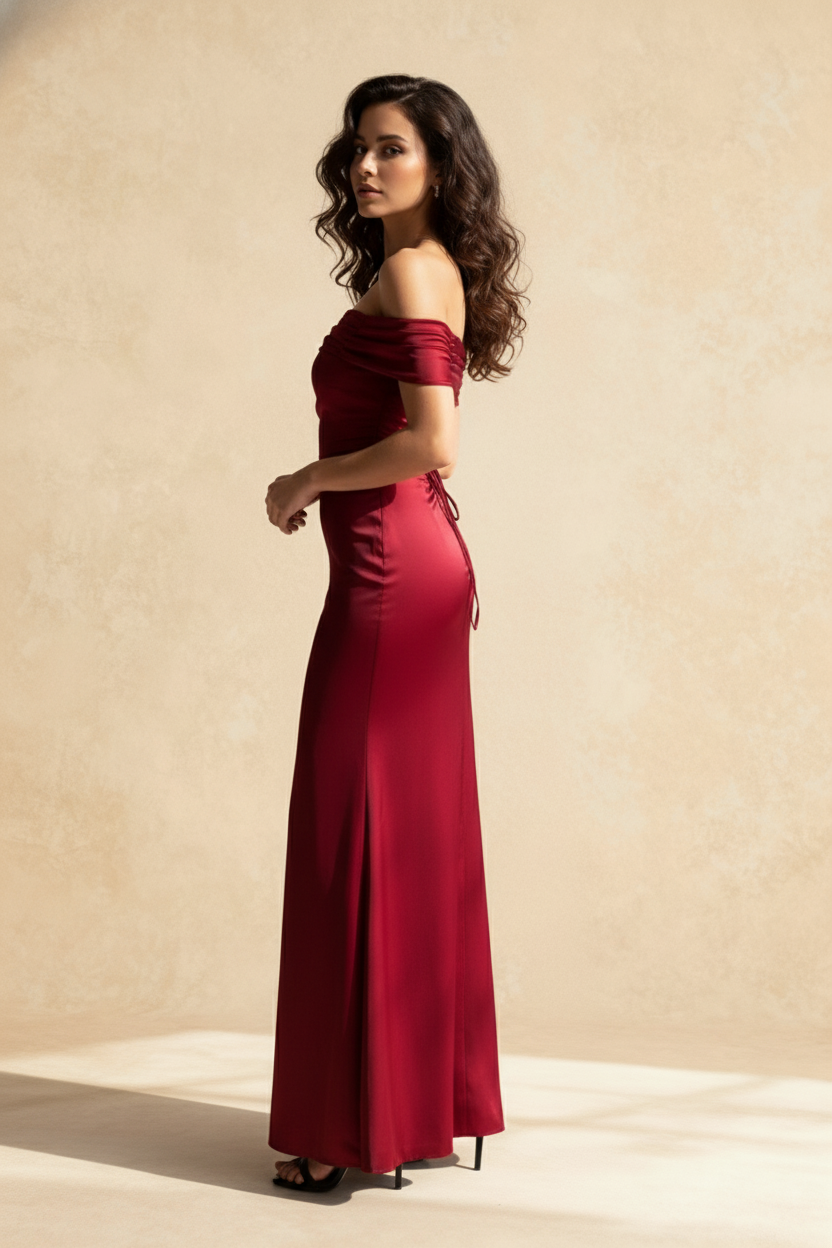 Off Shoulder Ruched Satin Column Maxi Dress 2