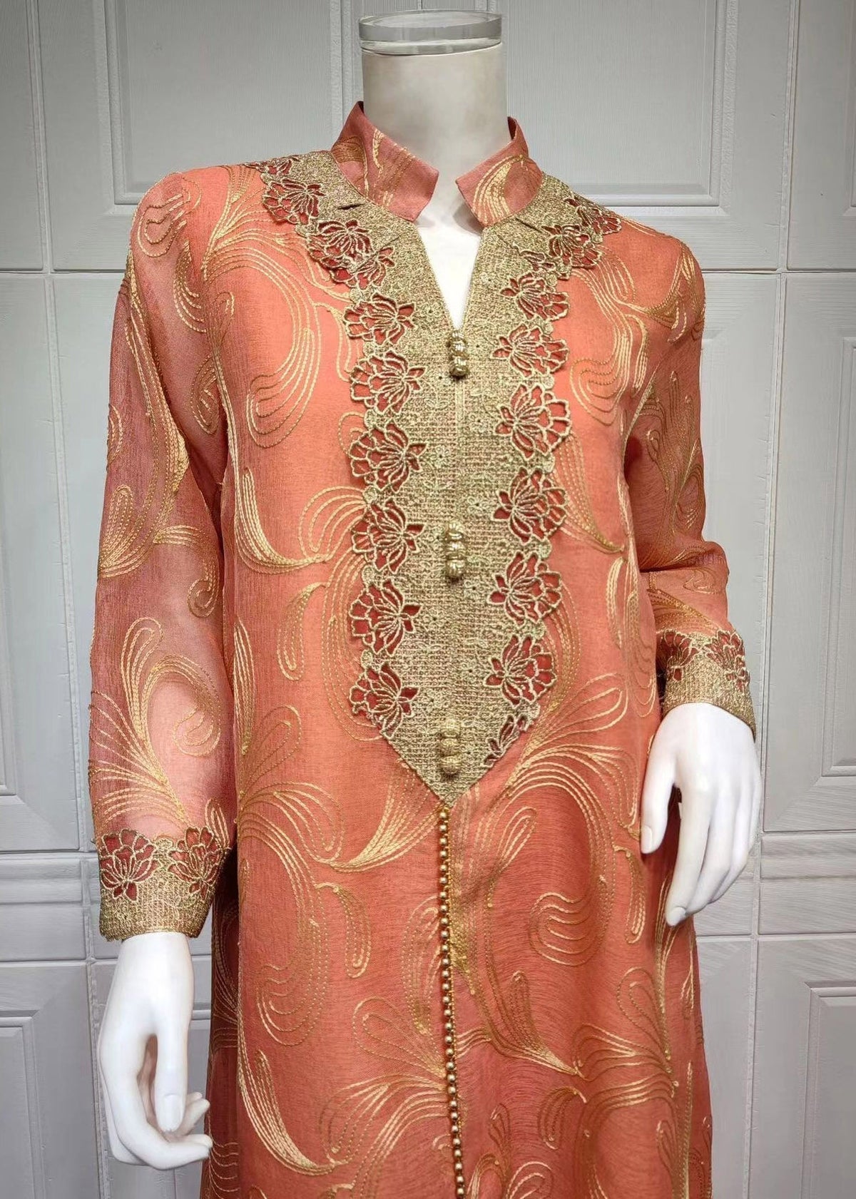 Embroidered Stand Collar Scroll Print Long Sleeve Maxi Dress - View 5