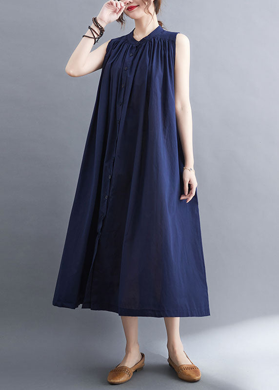 Gathered Mandarin Collar Button Front Sleeveless Pocket Maxi Dress - View 2