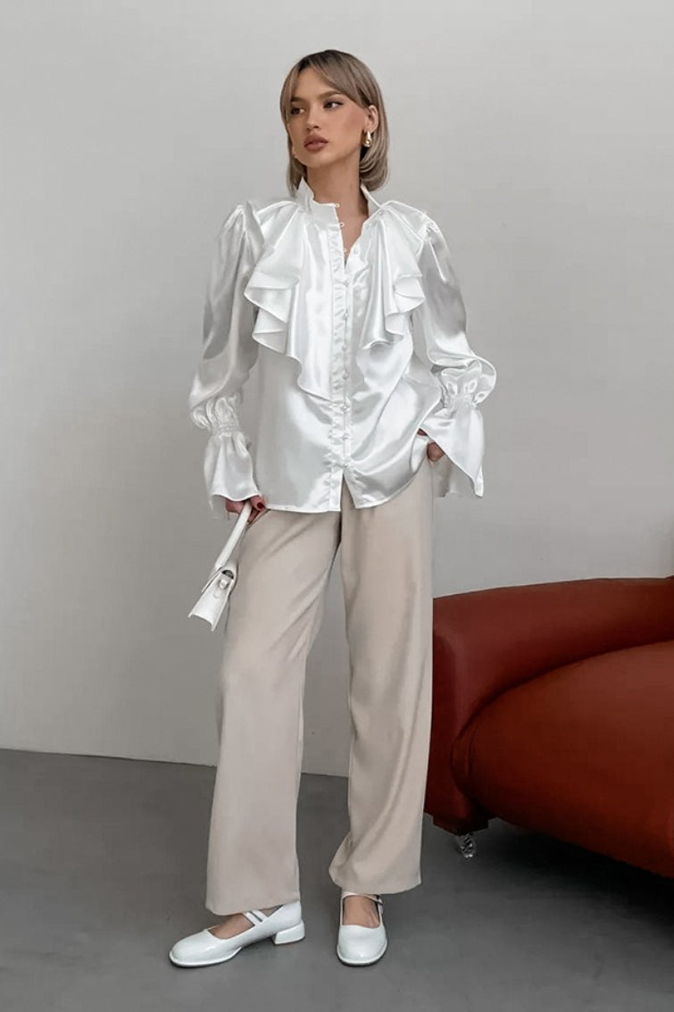 Satin Flare Sleeve Button Blouse
