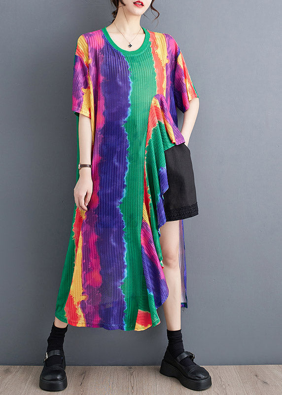 Plissé Abstract Stripe Print Round Neck Short Sleeve Midi Dress - View 2