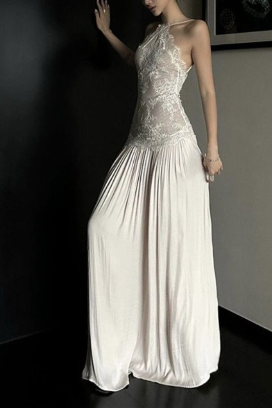 Halter Neck Lace Insert Backless Satin Maxi Dress - View 2