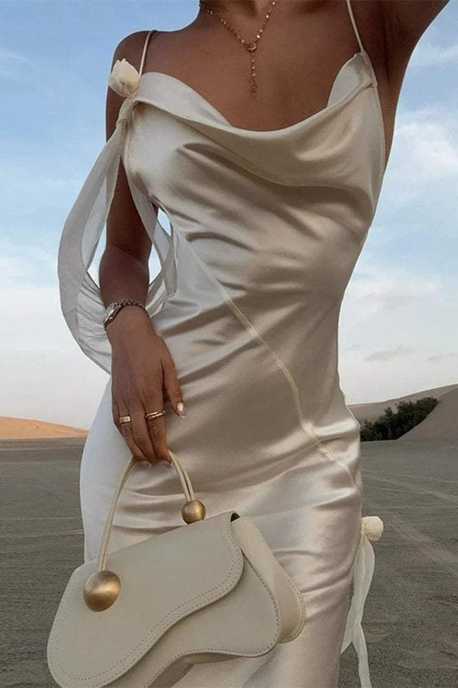 Elegant White Satin Backless Maxi Dress - View 3