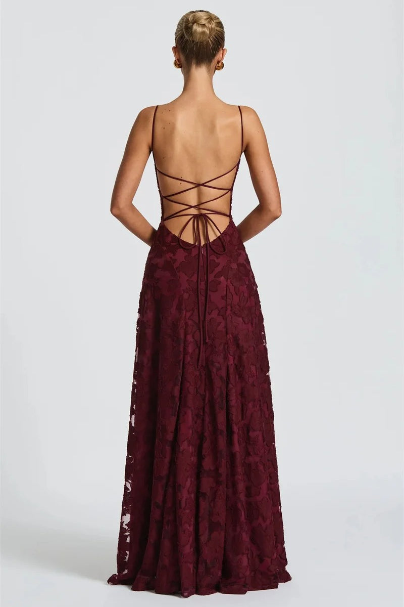 Lace-Up Backless Maxi Dress in Claret - View 3
