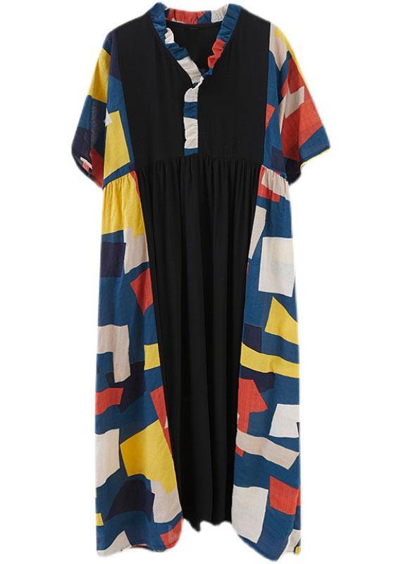 Colorblock Patchwork Ruffle Collar Button Front Maxi Dress - View 5