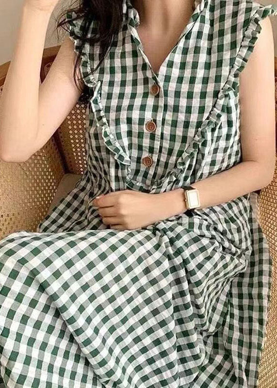 Gingham Check V-Neck Ruffle Collar Button Front Sleeveless Dress - View 2