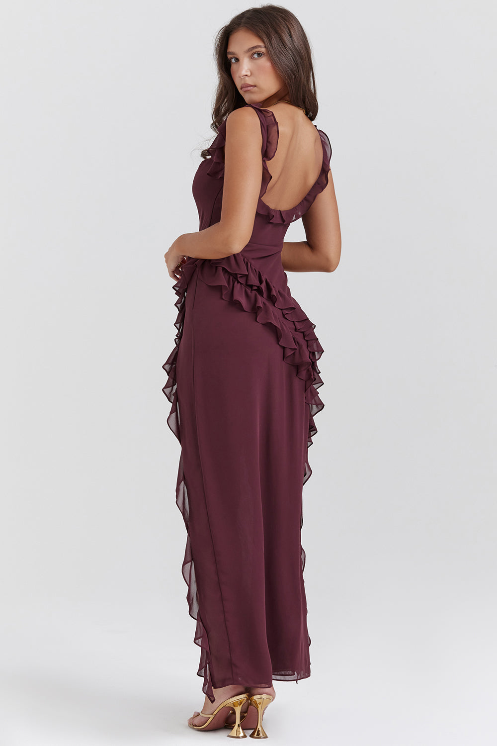 Chiffon Square Neck Ruffle Strap High Split Maxi Gown - View 6