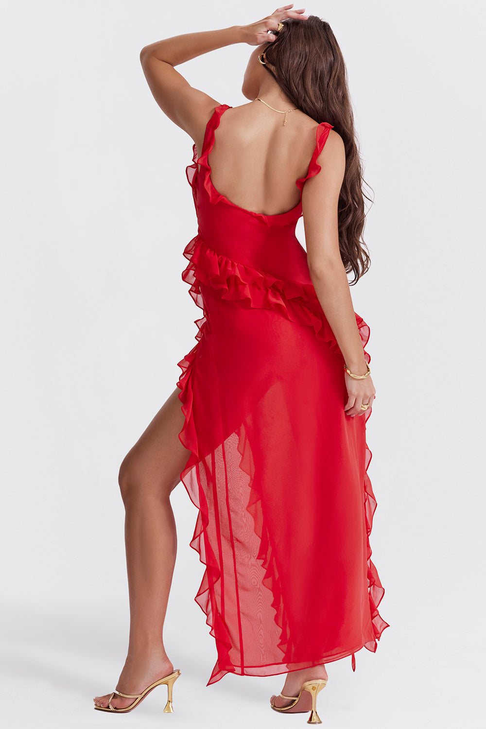 Chiffon Square Neck Ruffle Strap High Split Maxi Gown 57