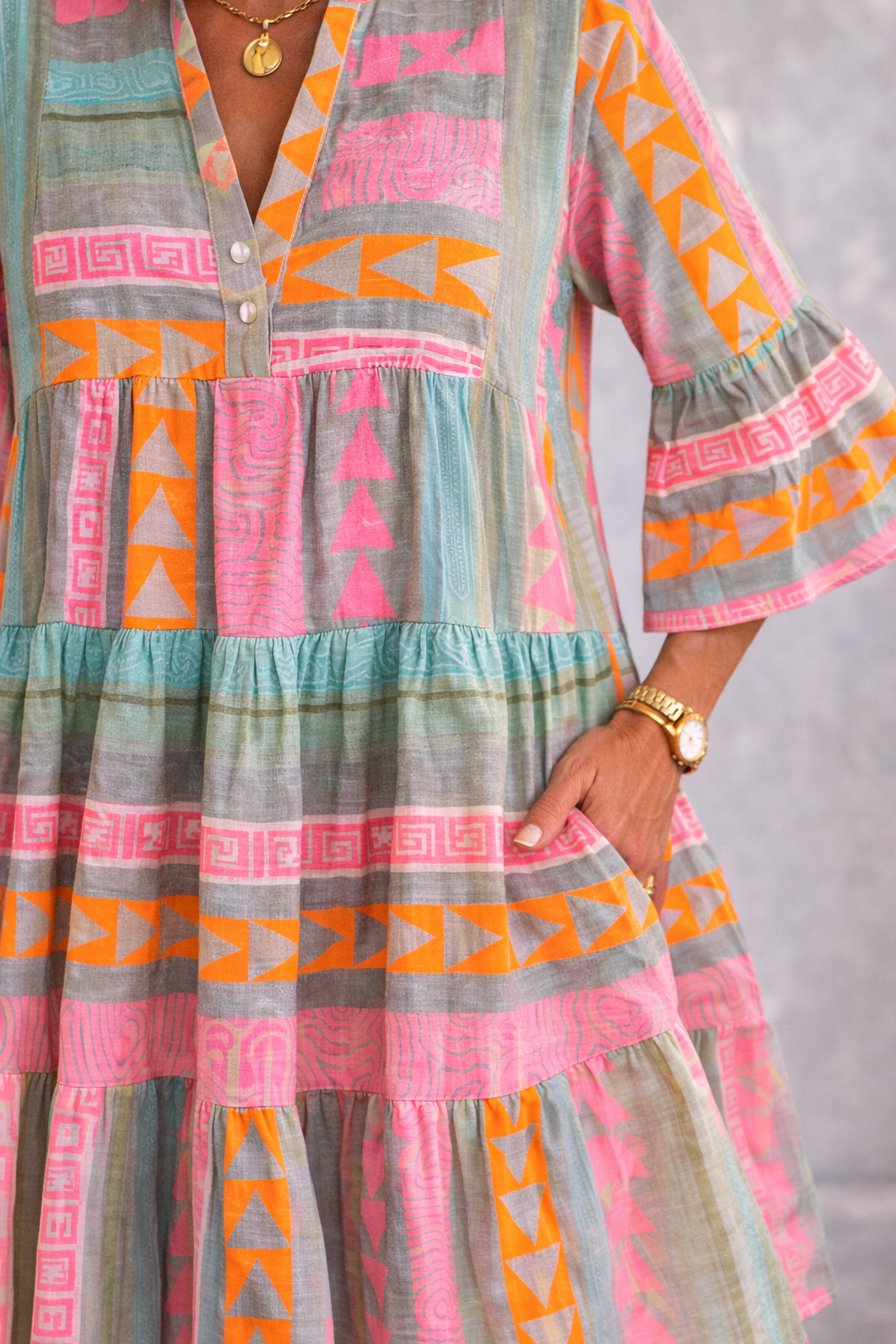 Geometric Print Split Neck Bell Sleeve Tiered Mini Dress Summer 4