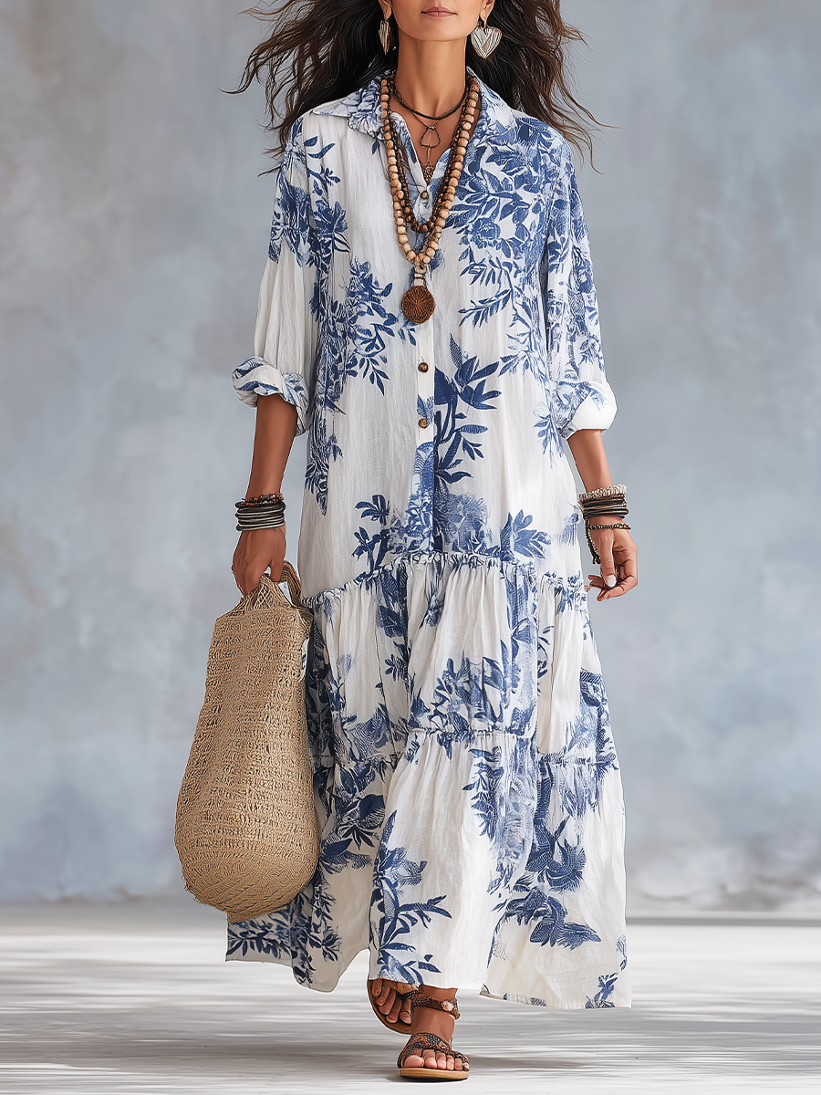 Floral Button Front Collared Tiered Maxi Shirt Dress