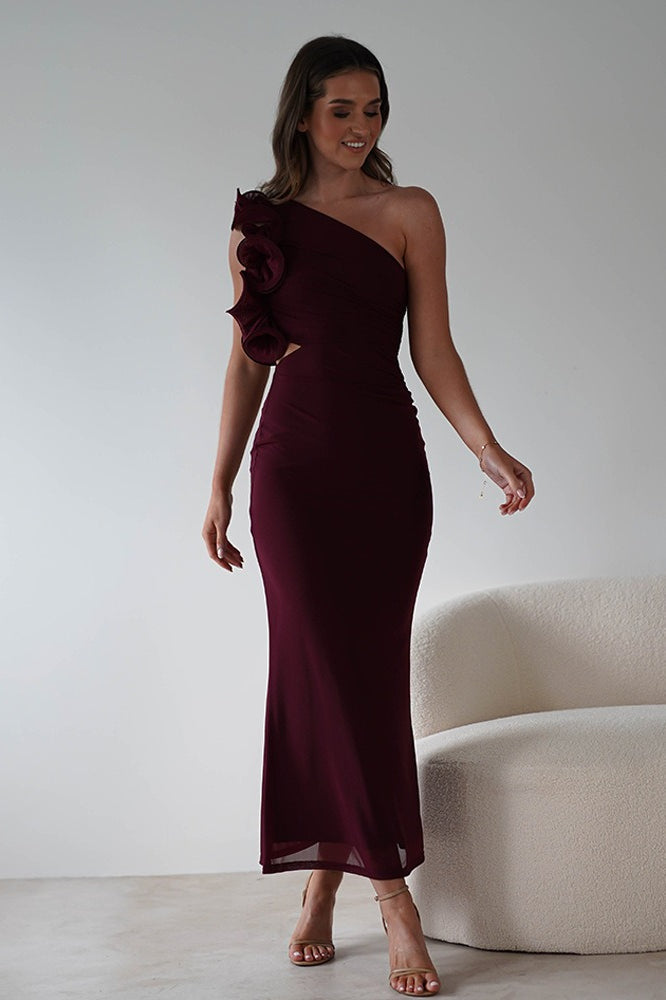 One Shoulder 3D Floral Cut Out Ruched Bodycon Maxi Dress - View 5
