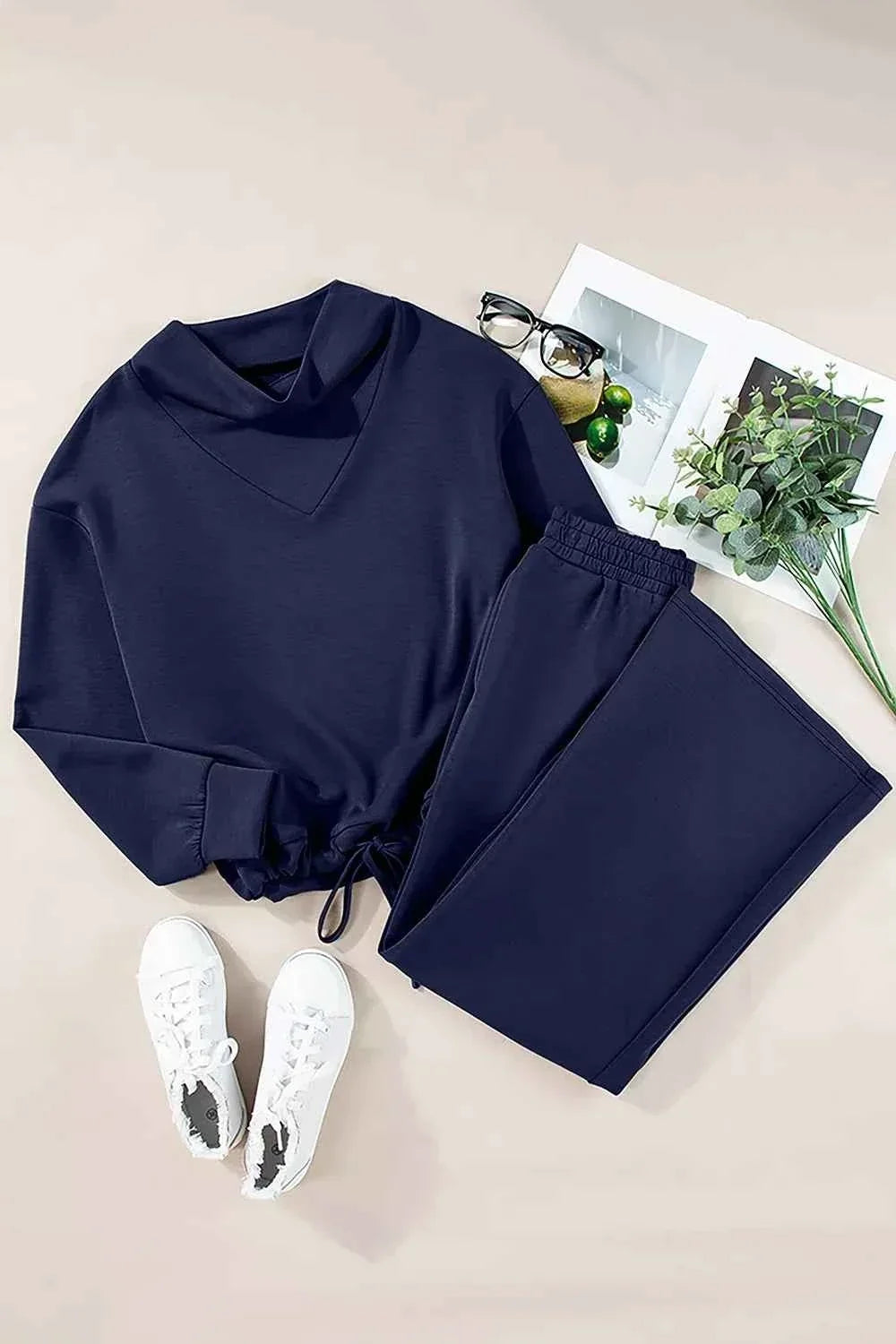 Cowl Neck Drawstring Pullover Wide Leg Pants Set