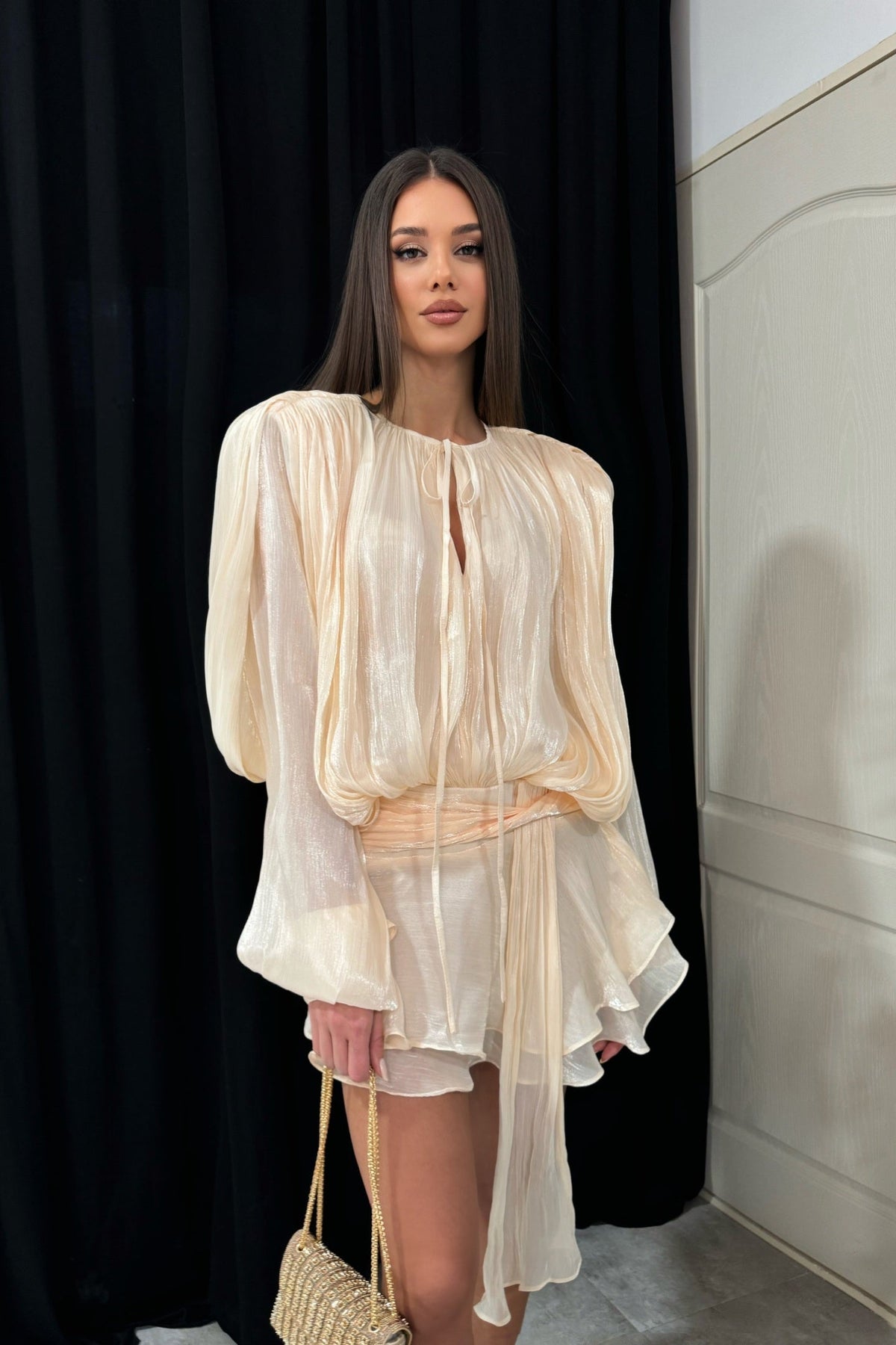 Ruffled Long Sleeved Mini Dress With Flowing Silhouette - Apricot - View 3
