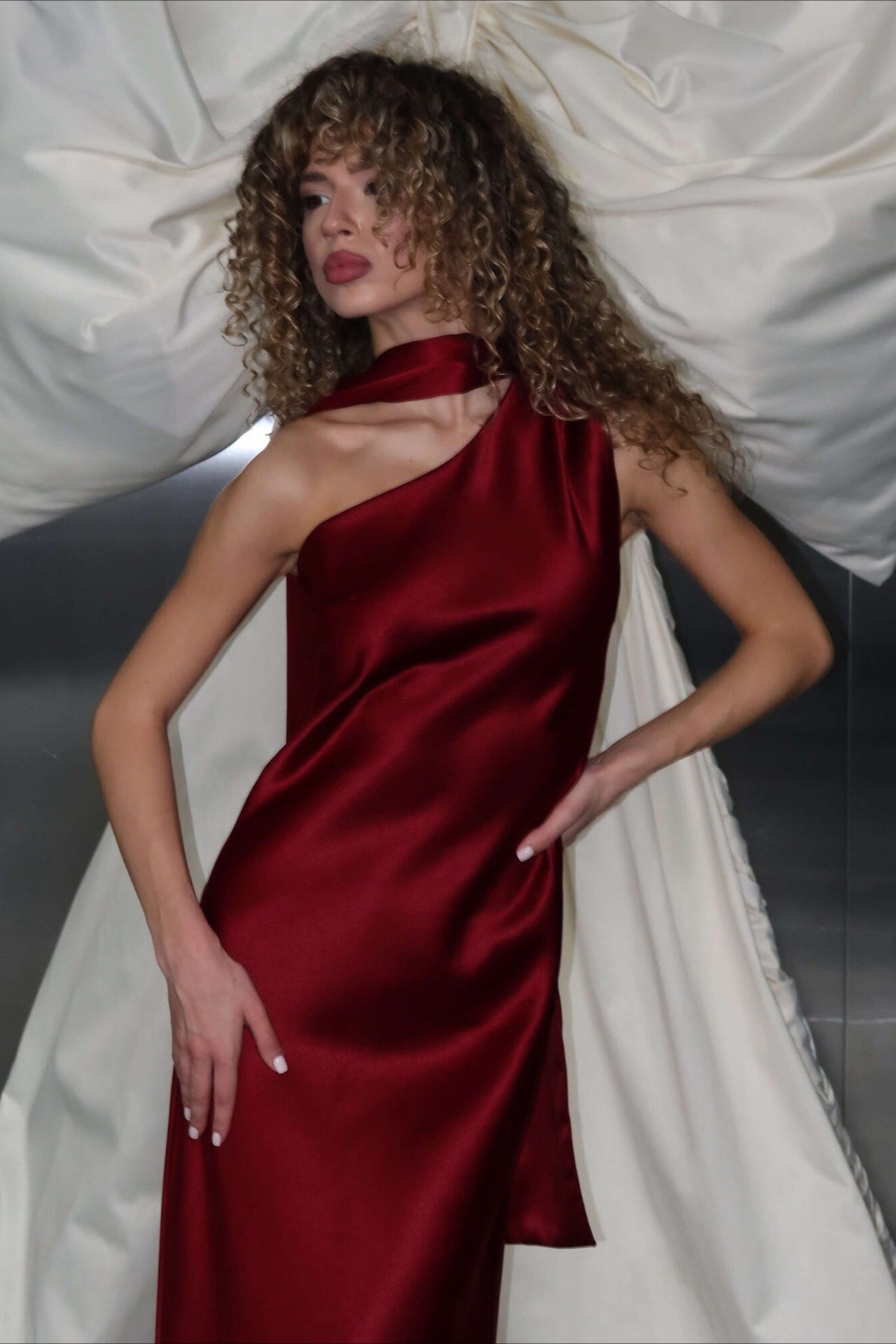 Satin Mock Neck Sash Tie Sleeveless Column Maxi Gown - View 8