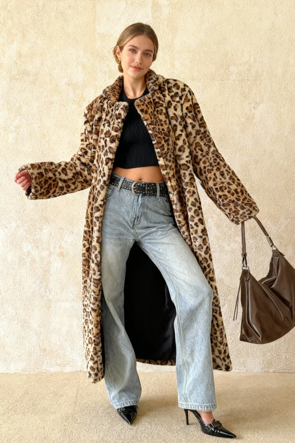 Leopard Print Notched Collar Longline Faux Fur Overcoat