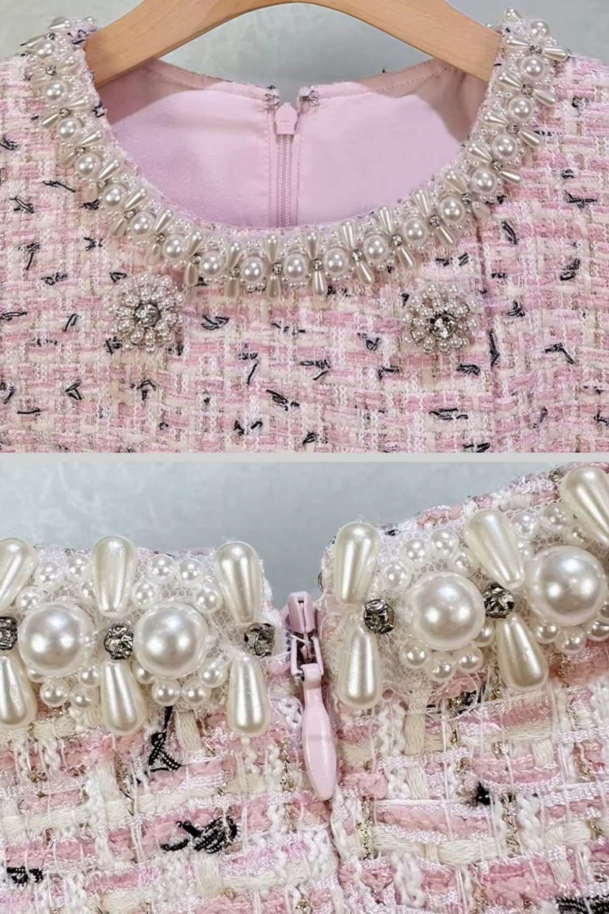 Tweed Pearl Collar Crystal Button Belted Mini Dress - View 14