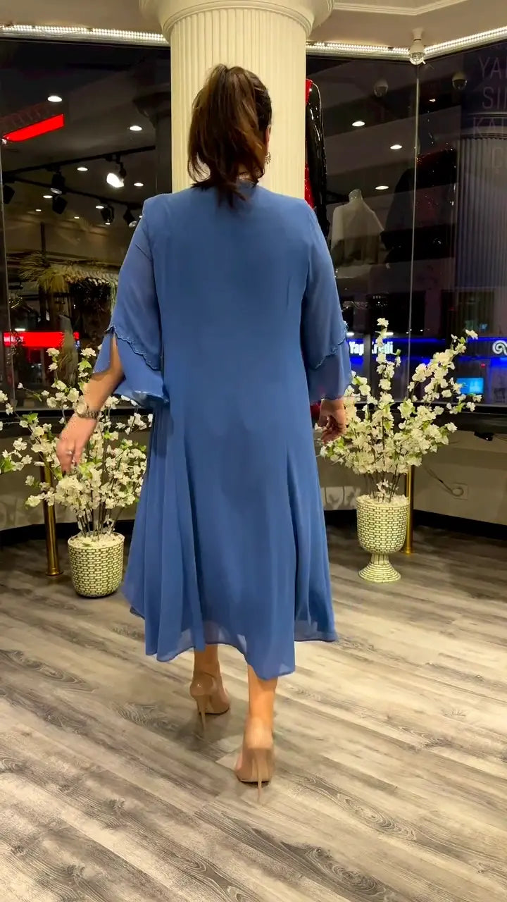 Crew Neck Three Quarter Sleeve Floral Applique A-Line Midi Dress - View 6