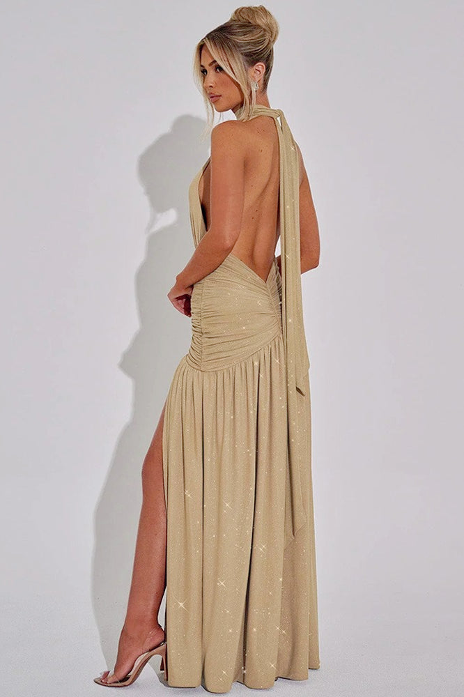 Glitter Halter Neck Plunge Ruched High Split Maxi Dress - View 4