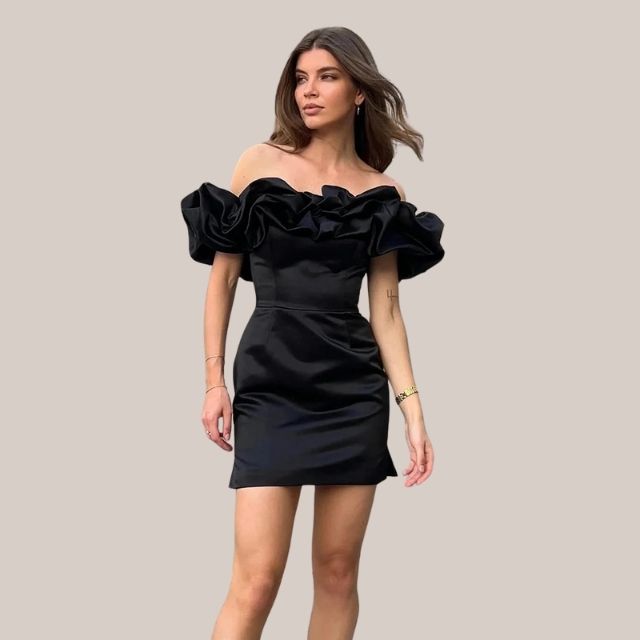 Satin Off Shoulder Ruffle Bodycon Cocktail Mini Dress - View 5