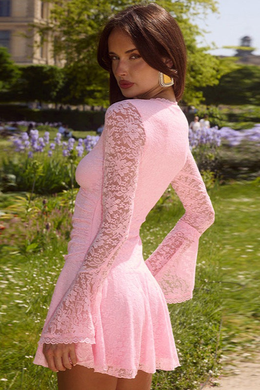 V Neck Bell Sleeve Pleated Mini Lace Dress - View 7