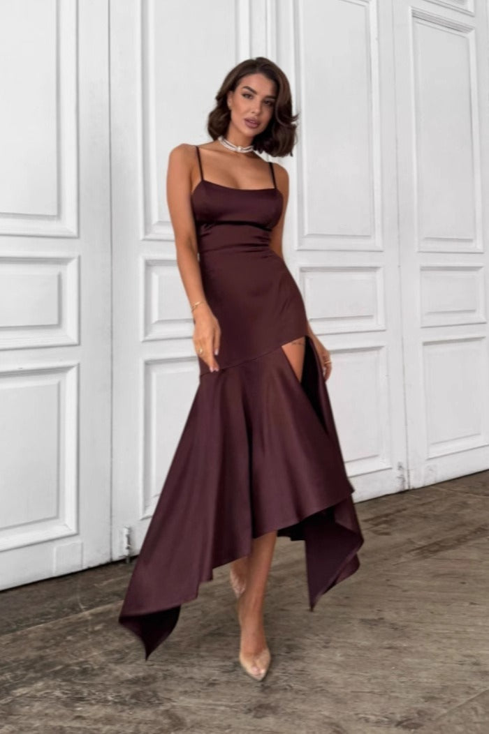 Satin Spaghetti Strap High Split Handkerchief Hem Slip Midi Dress - View 2