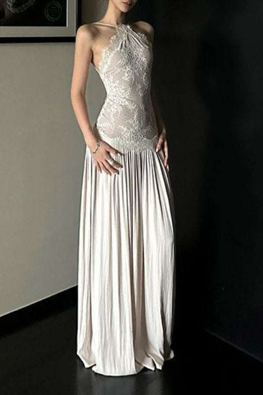 Halter Neck Lace Insert Backless Satin Maxi Dress