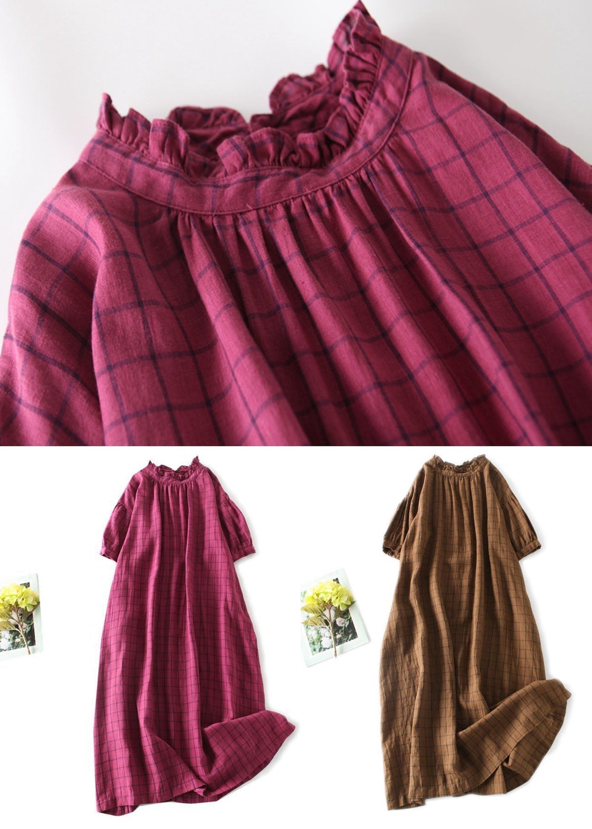 Plaid Print Ruffle Mock Neck Short Puff Sleeve A-Line Midi Dress - View 5