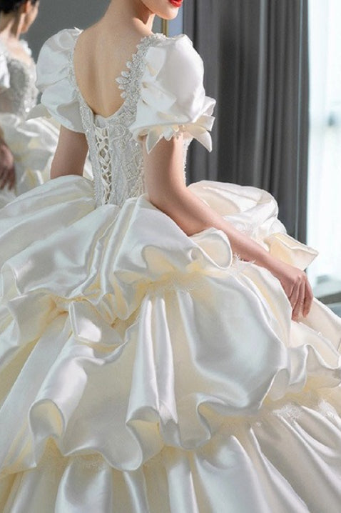 Sweetheart Beaded Puff Sleeve Pick Up Ruffle Ball Gown - View 3