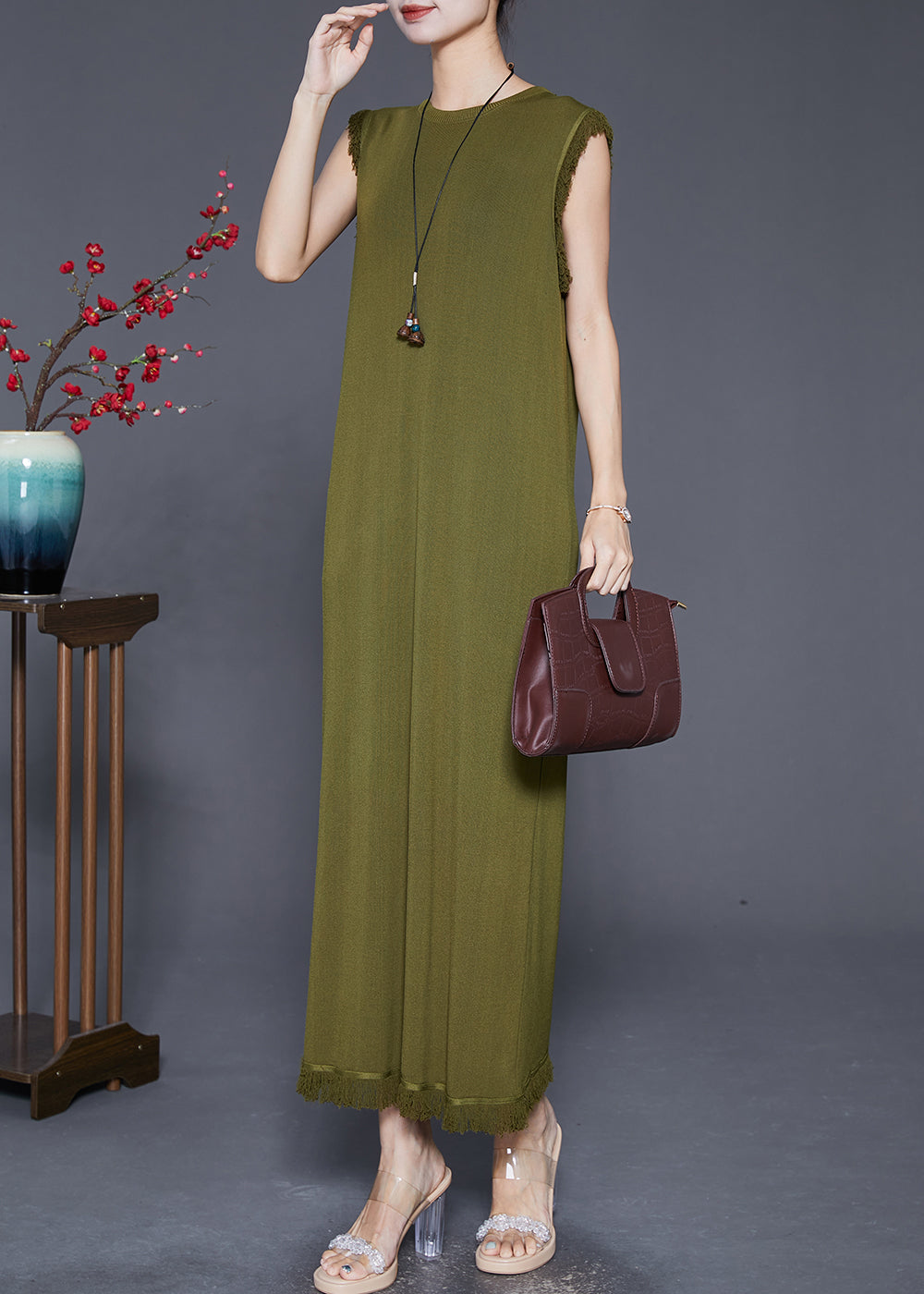 Knit Sleeveless Fringe Trim Crew Neck Column Maxi Dress - View 3