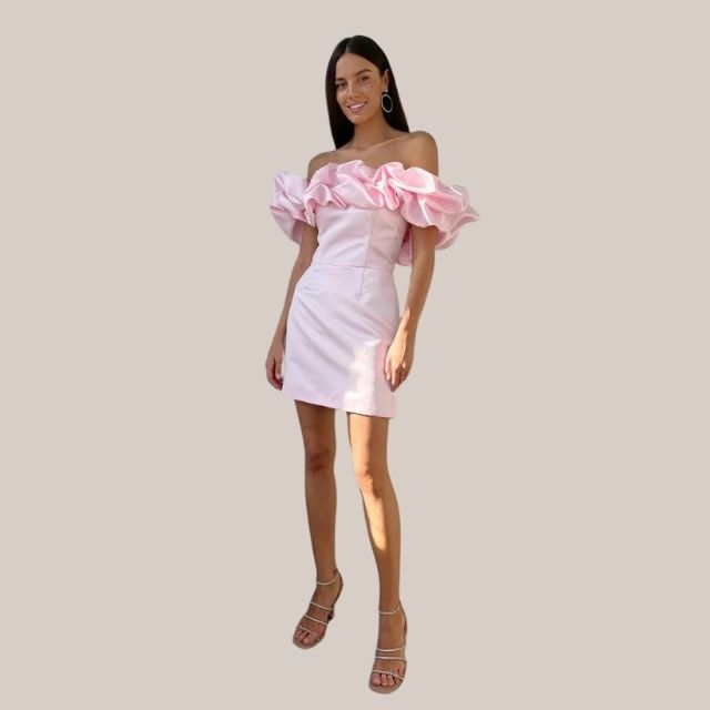 Satin Off Shoulder Ruffle Bodycon Cocktail Mini Dress - View 6