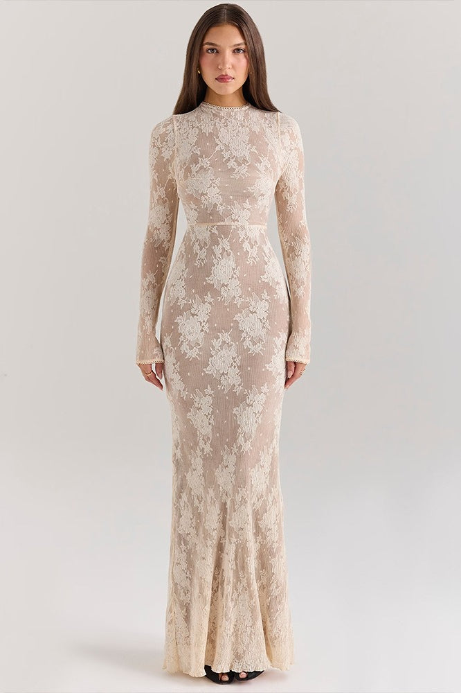 Crew Neck Long Sleeve Sheer Lace Mermaid Maxi Dress 3