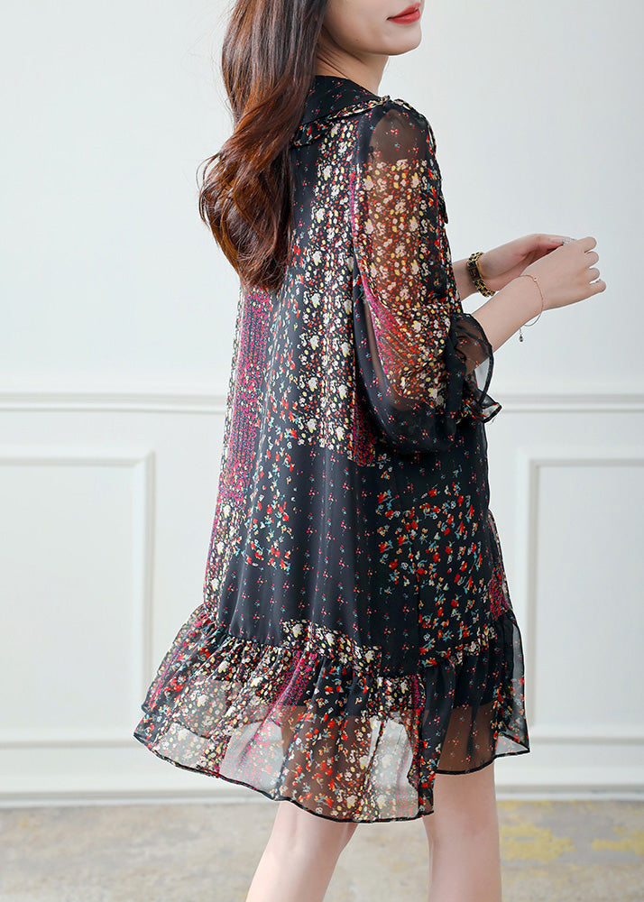 Chiffon Ruffle Trim V-Neck Long Sleeve Tiered Floral Mini Dress - View 4