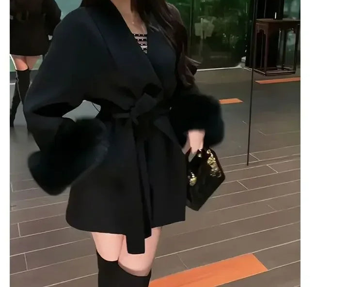 Furry Patchwork Long Sleeve Bandage Overcoat Black / S