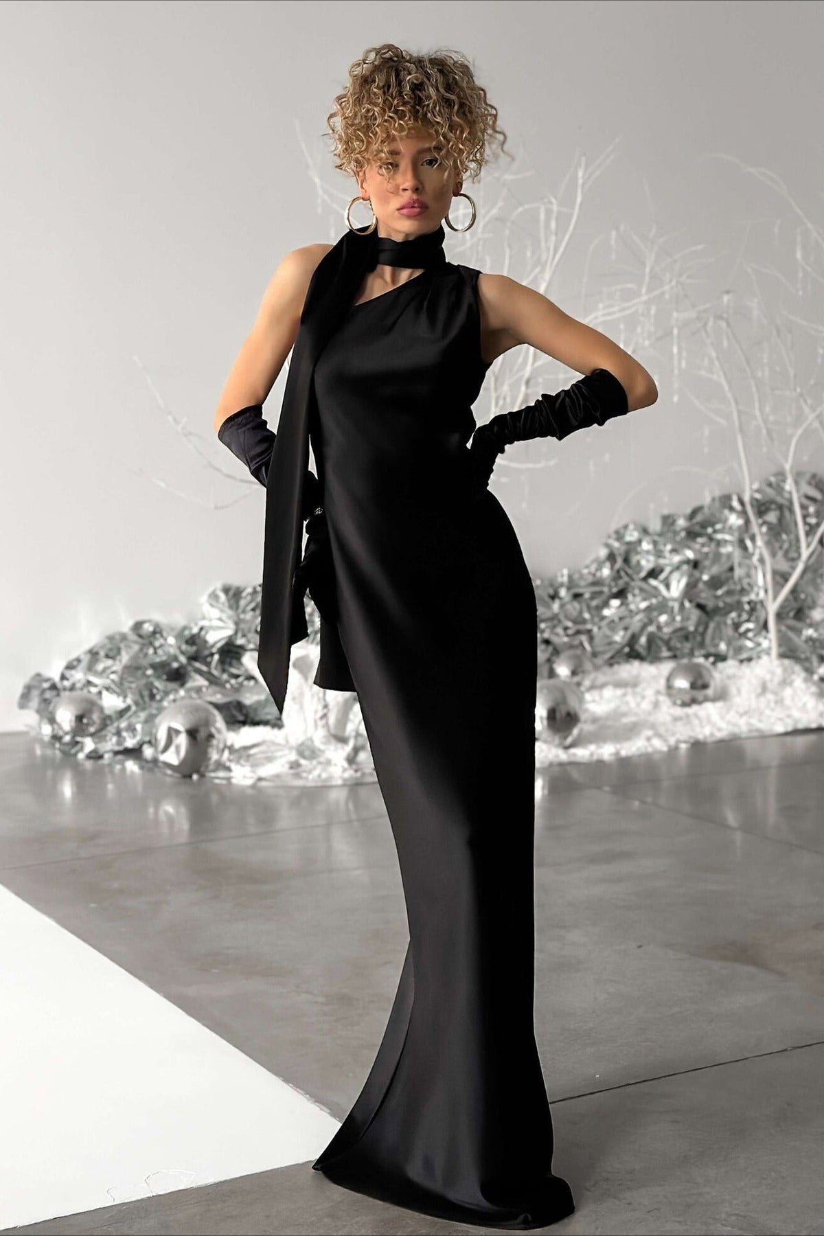 Satin Mock Neck Sash Tie Sleeveless Column Maxi Gown