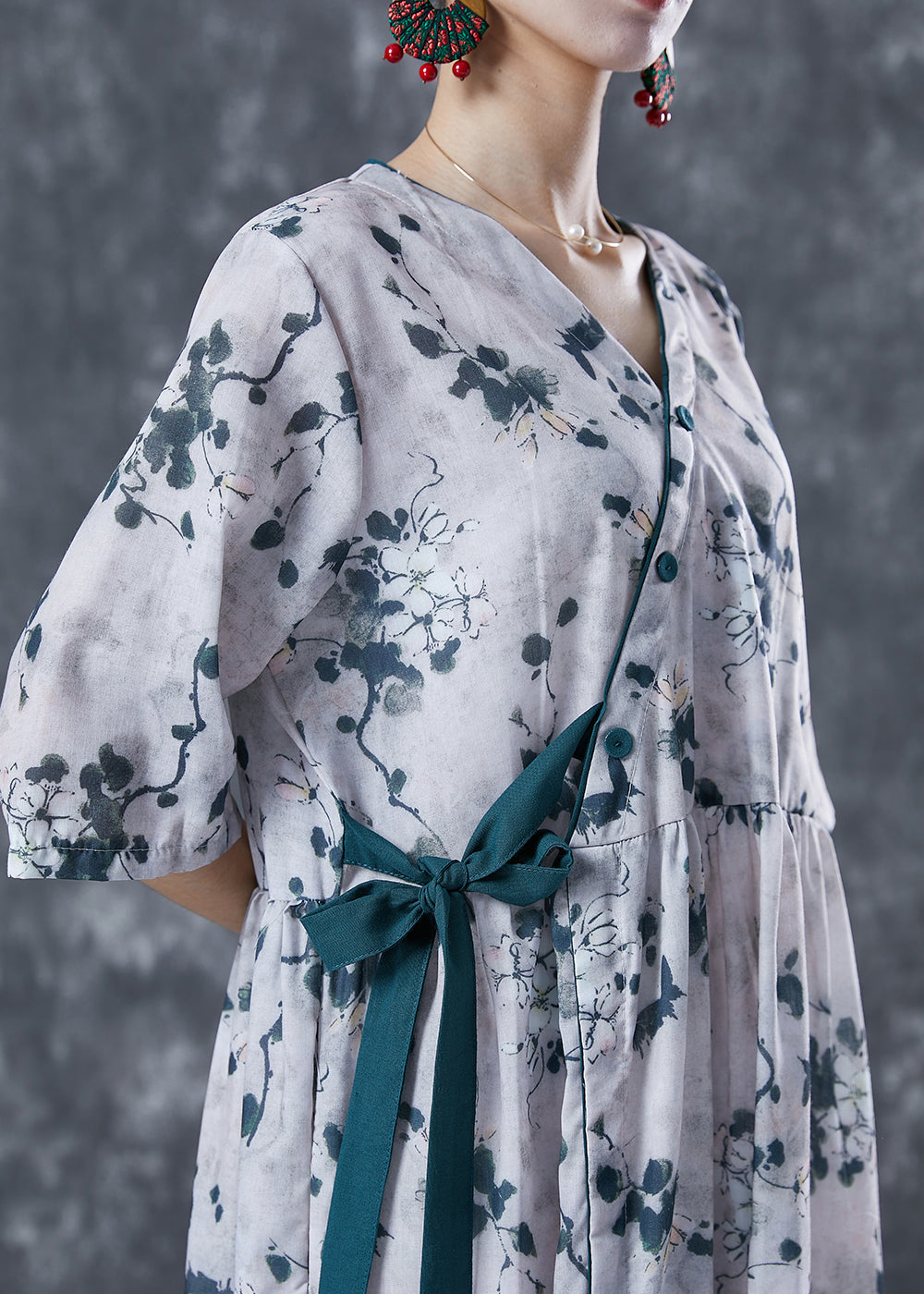 Floral Print V-Neck Wrap Side Tie Three Quarter Sleeve Midi Dress - View 4