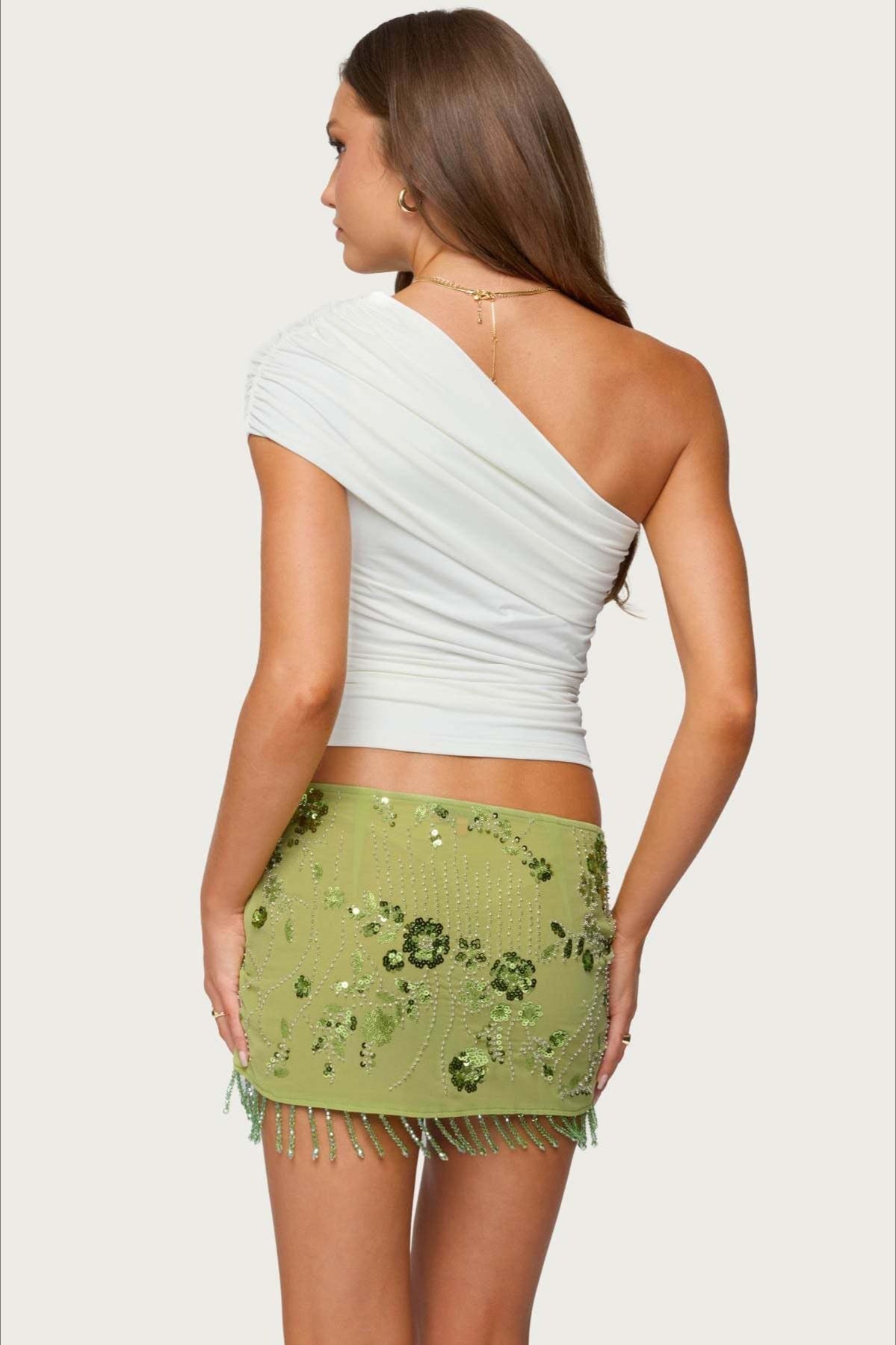 High-Waist Sequin Floral Pleated Denim Mini Skort