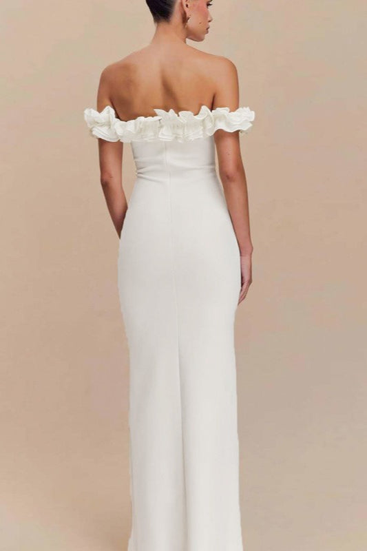 Off Shoulder Ruffle Trim Tie Front Bodycon Maxi Dress - View 7